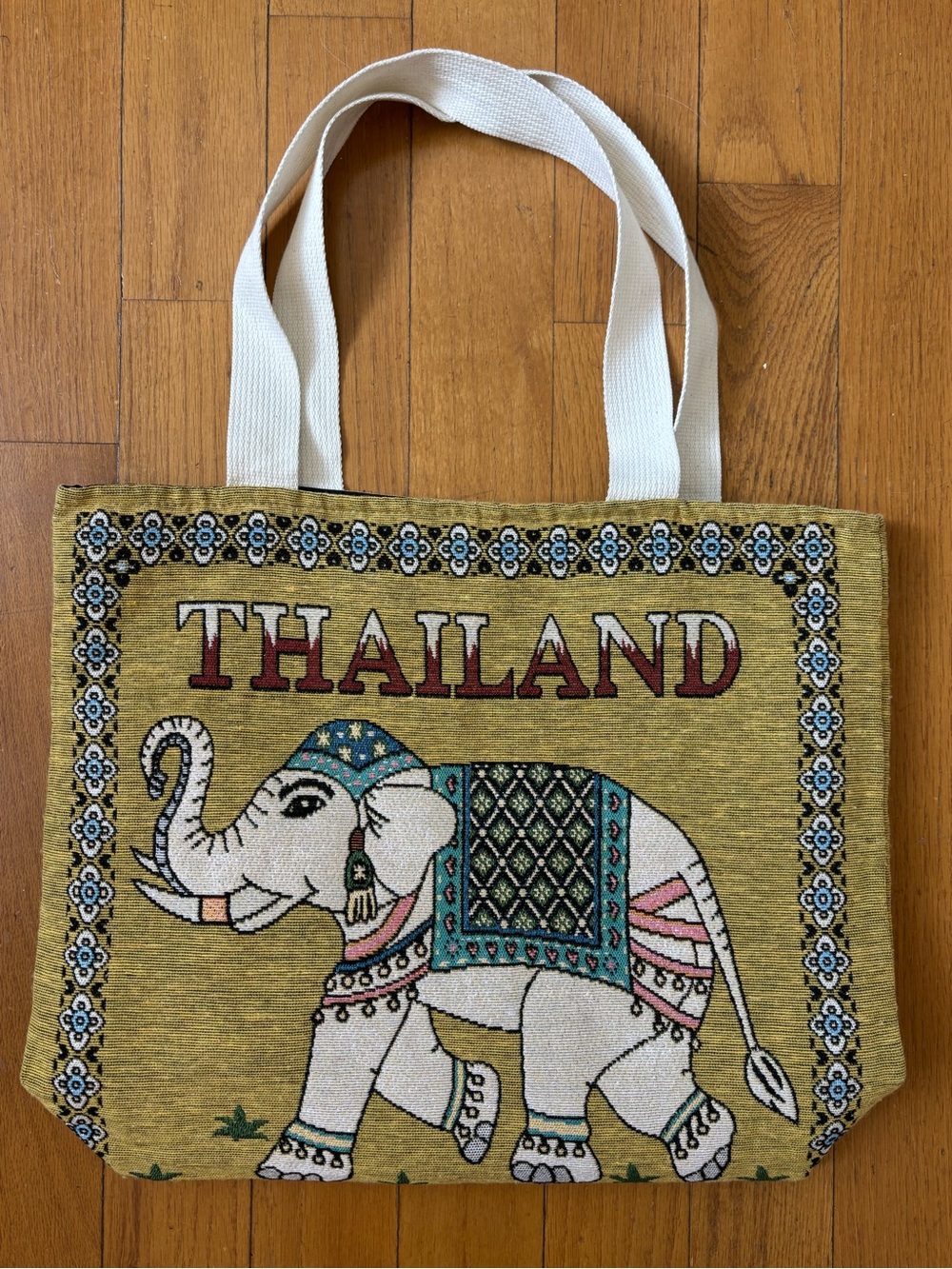 Thailand Embroidered Elephant Tote Bag - White & Olive